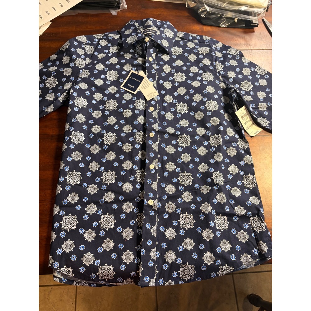 Club Room Mens Stretch Button Down Shirt Blue Geometric Medallion Small NEW